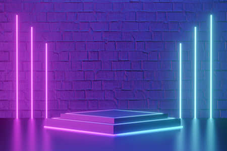 Digital product background. Black block cube podium with led light reflects on dark blue pink bricks...