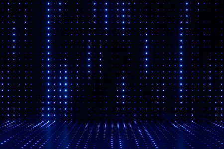 Digital product background. Blank led light reflects on dark dot effect blue background. 3D illustration rendering.の写真素材
