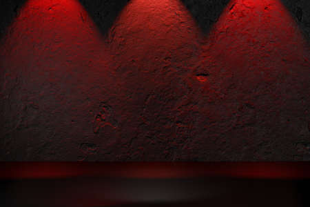 Digital product background. Blank texture concrete black background with red spotlight lighting. 3D illustration rendering.の写真素材
