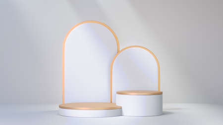 3D rendering background. Two gold white cylinder stage podium and rounded frame back on white...