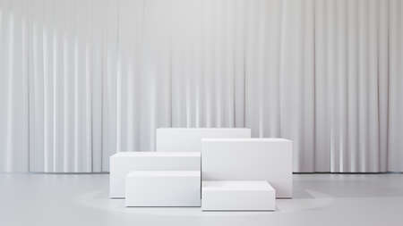 3D rendering background. 5 white block podium for display products with white clean curtain background. Image for presentation.の写真素材