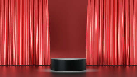 3D rendering background. Black stage podium display products with a red circle wall and curtain glossy background. Image for presentation.の写真素材