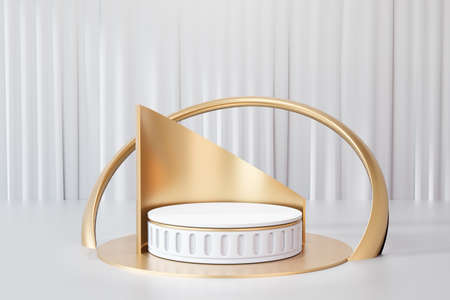 3D rendering background. Roman style white gold cylinder stage podium with gold curve back and on...