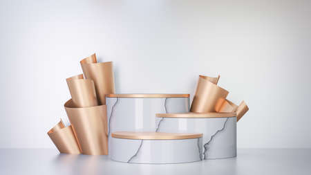 3D rendering background. Three marble white cylinder stage podium and gold paper sheet row decoration back on white background. Image for presentation.の写真素材