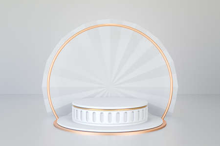 3D rendering background. Roman style white gold cylinder stage podium with white wall. Image for...