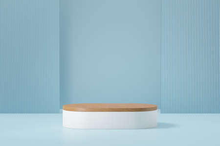 Pastel long bar podium backdrop. Wood white round stage in light blue theme color. 3D illustration...