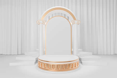 Cosmetic display product stand, Gold white roman style round cylinder podium with roman column arch wall and stair on white curtain background. 3D rendering illustrationの写真素材