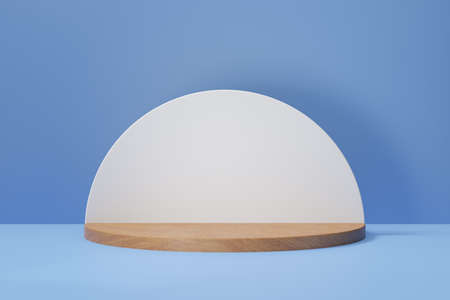Pastel cylinder podium backdrop. Wood white round stage in light blue theme color. 3D illustration...