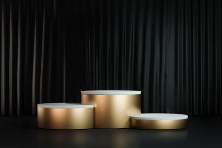 3D rendering background. Three gold cylinder stage podium on black curtain background. Image for...