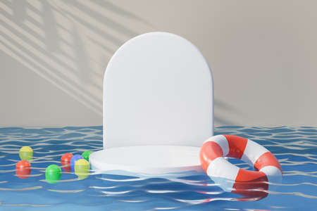 Cosmetic display product stand, white circle round podium on blue water reflect with rubber ring...