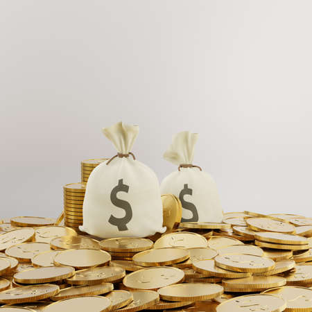 3D illustration rendering. Two money bags with many gold coins on the floor. Financial business concept.の写真素材