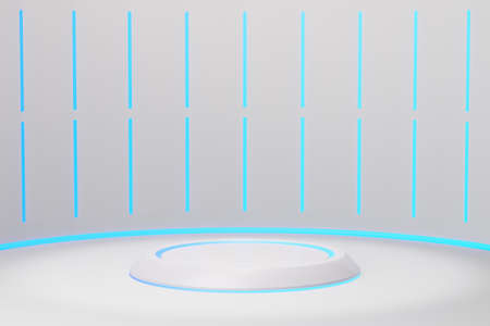 3D rendering background. White future background and empty stage with blue light, Future modern interior concept. showcase for products backdropの写真素材