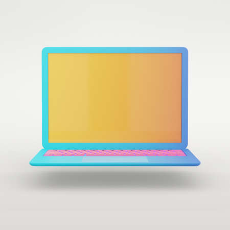 3D rendering object. Colorful blue laptop with yellow screen and pink keyboard isolated white background. Clipping path image.の写真素材