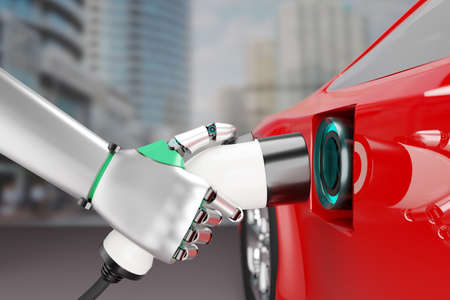 Robot hand hold charger plug to Electric Vehicle car for charging power. 3D illustration image.