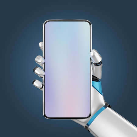 Blank screen smartphone mobile hold by robot hand for the presentation. Image with clipping path. 3D illustration image.の写真素材