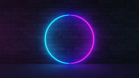 3D illustration rendering. blue pink neon light circle shape with dark brick wall.