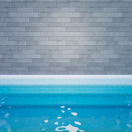 3D illustration rendering. Gray brick wall with white step floor and blue water bottom. Image for...