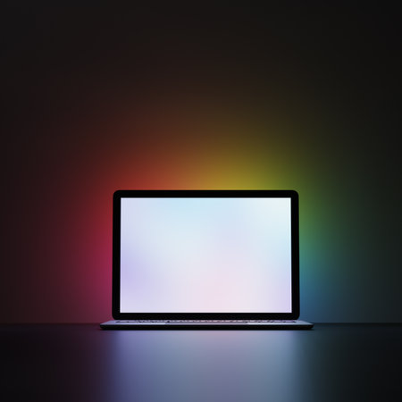 Laptop with white blank screen on dark background and multicolor lighting. Rainbow lighting background. 3D illustration rendering image.の写真素材
