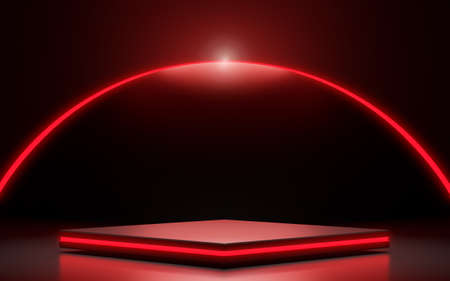 Red neon light square shape of product display with circle light background. futuristic and technology concepts, Pedestal, Podium, Stand, 3D Rendering.の写真素材