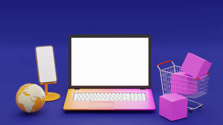3D Illustration blank screen yellow pink Laptop and yellow smart phone, earth model with cart pink box package on light blue background, colorful Laptop Computer and mobile with white display.の写真素材
