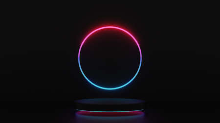 3d render of pink blue light pedestal steps with circle isolated on dark background, abstract minimal concept, blank space, simple clean designの写真素材