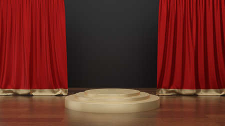 3d render of gold podium pedestal steps with red gold curtain on wood floor, golden circle stage, abstract minimal concept, Simple clean design, luxury minimalist mockupの写真素材