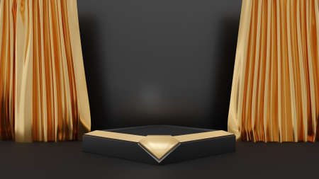 3d rendered illustration with geometric shapes with diamond gold sign with gold curtain. black steps cube podium platforms for cosmetic product presentation. Abstract composition in modern style.の写真素材