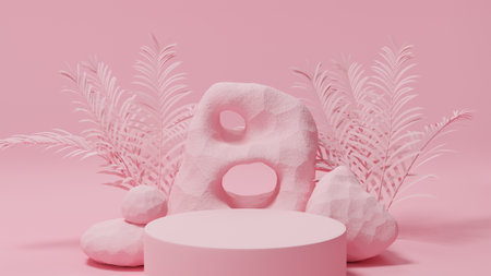 Pink background rock stone and cylinder stage with palm leaf, minimalist mockup for podium display or showcase, 3d rendering.の写真素材