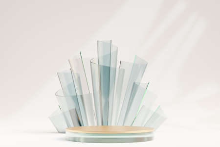 Round circle glass podium with glass roll light theme White background. 3D illustration rendering.の写真素材