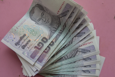 thai money banknotes closeup backgroundの写真素材