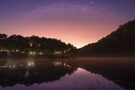 Stars night sky at Pang Ung lake, Pang Ung Mae Hong Son province, North of Thailand