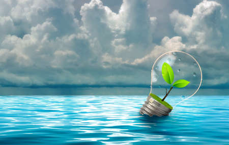 Light bulb with fresh green leaf inside against blue sea and blue sky. Ecological and energy...