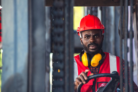 Male worker in uniform and helmet driving and operating on diesel container forklift truck at...