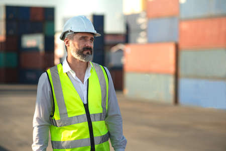 Caucasian male manager in white hard hat helmet and high-visibility vest walking in Container...
