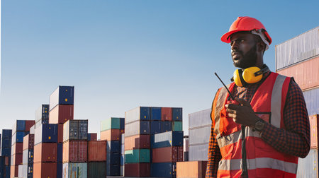 American African engineer or factory worker man using walkie talkie and check up goods at container...