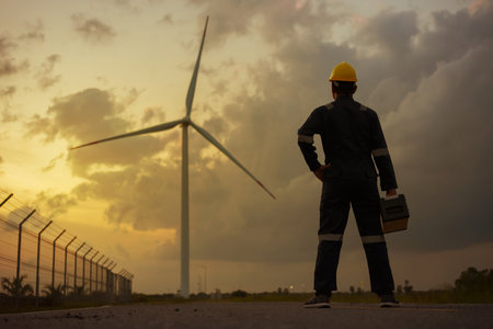 Man inspection engineers preparing and progress check of a wind turbine with safety in wind farm in sunset.の写真素材