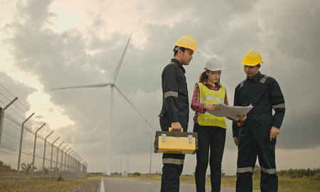 Three technician engineer in uniform with standing and checking wind turbine power farm power...