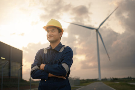 Happy young engineer in uniform with standing in wind turbine farm field.の写真素材