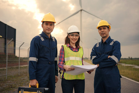 Happy three technician engineer in uniform with standing and checking wind turbine power farm power generator station.の写真素材
