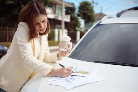 Busy woman is in a hurry, she does not have time, she is going to talk on the phone on the go. Businesswoman doing multiple tasks On the hood of the car. Multitasking business person.の写真素材