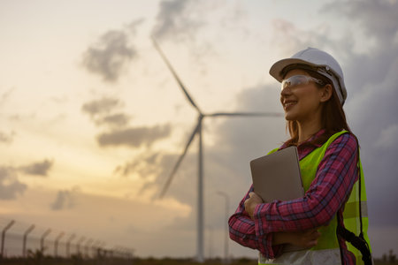 Asian woman in white helmet working with laptop at renewable energy farm. Female inspector controlling functioning of wind turbines outdoors.の写真素材