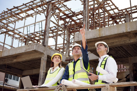 Asian Architector and engineers team with draft plan of building and tablet talking constructing site. Construction manager and engineer working on building site.の写真素材