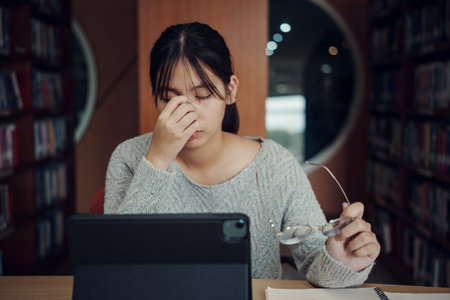 Asian student woman read books in library at university. Young girl stress tired have problem while study hard. Sadness conceptの写真素材