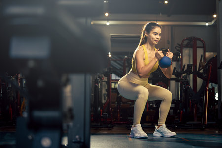 Young woman exercise workout at gym fitness training sport with kettlebell weight lifting.の写真素材