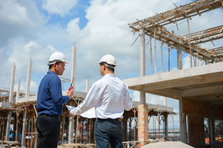 Two engineer working and checking plan on construction site.の写真素材