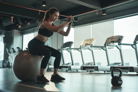 Sporty woman doing workout and using fitball by sitting and balancing on it.の写真素材