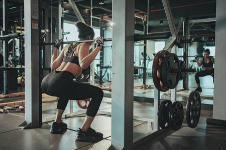 Sporty woman exercising with weight plate in the gym.の写真素材