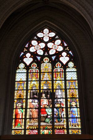 BRUSSELS, BELGIUM - JUNE 14, 2012 : Stained glass window at the Cathedral of St. Michael and St. Gudulaのeditorial素材