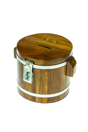 Wooden money box on white backgroundの写真素材