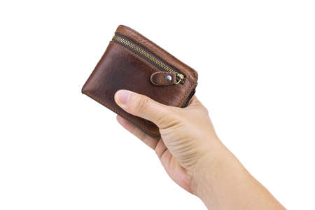 Hand holding a  brown leather wallet isolated on white background